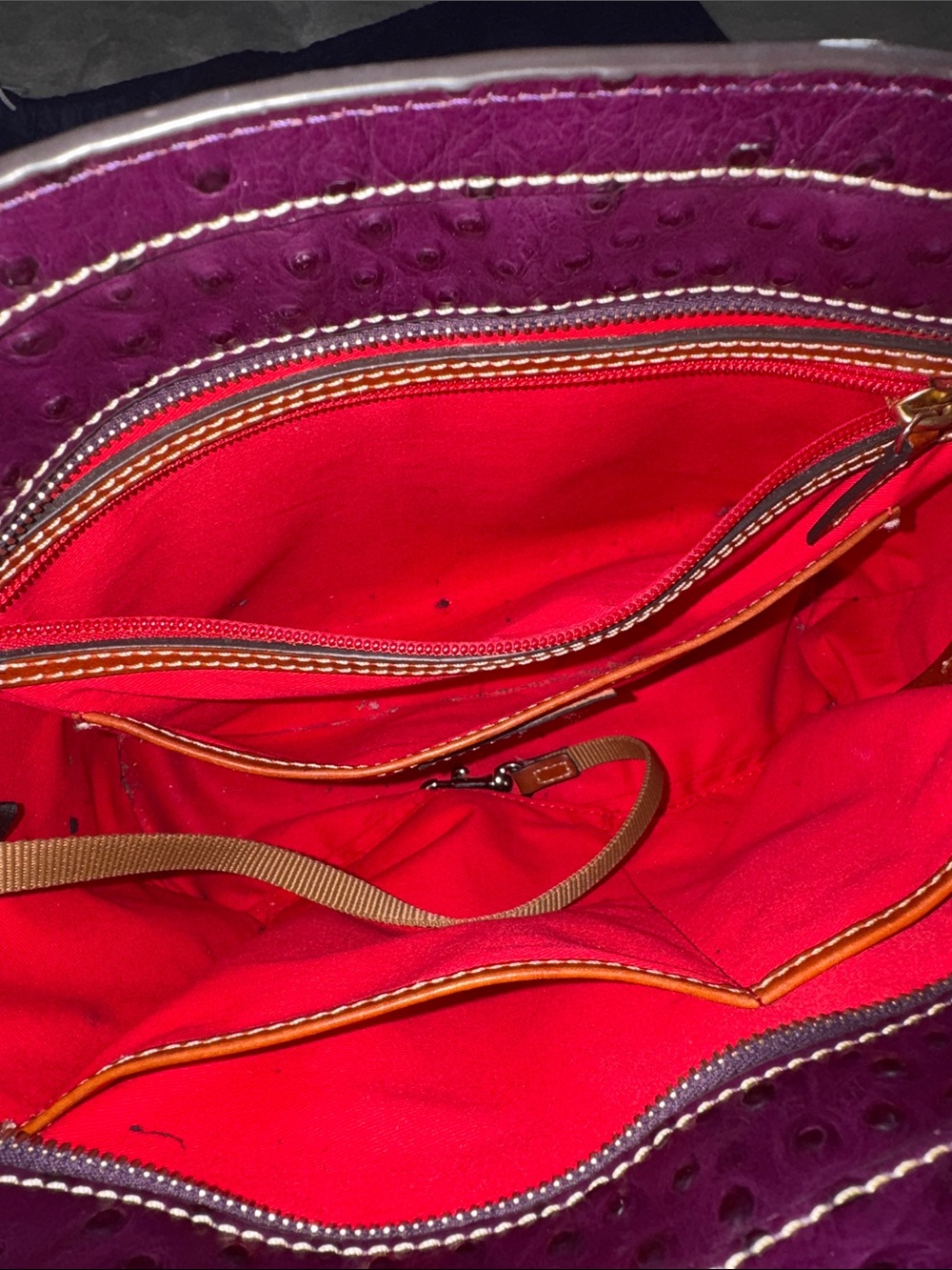 Dooney & Bourke Plum Ostrich-Embossed Tote with Brown Leather Handles - Picture 12 of 16